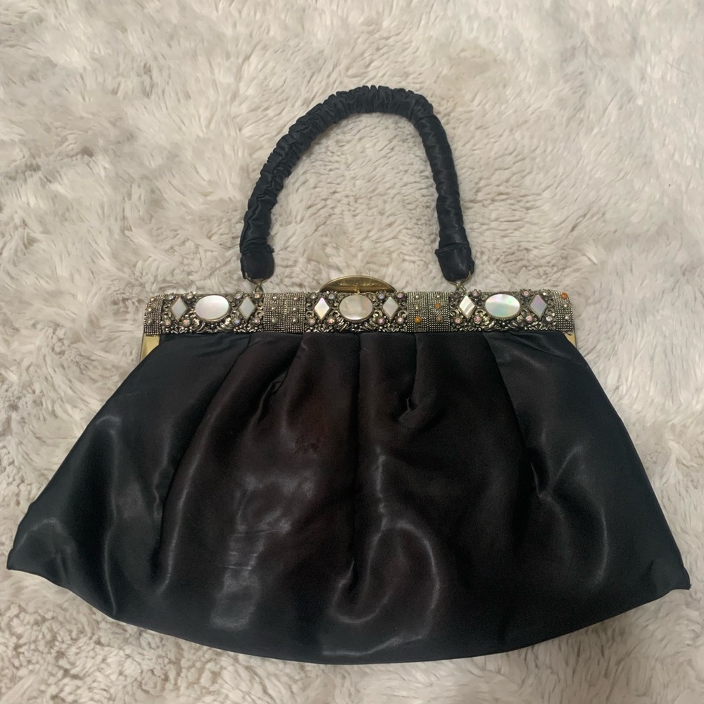 Vintage 1950s black satin handbag